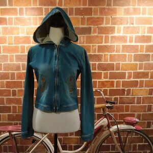 Bebe Women’s Unique Denim Blue Vintage Cropped Hooded Zip Up Jacket